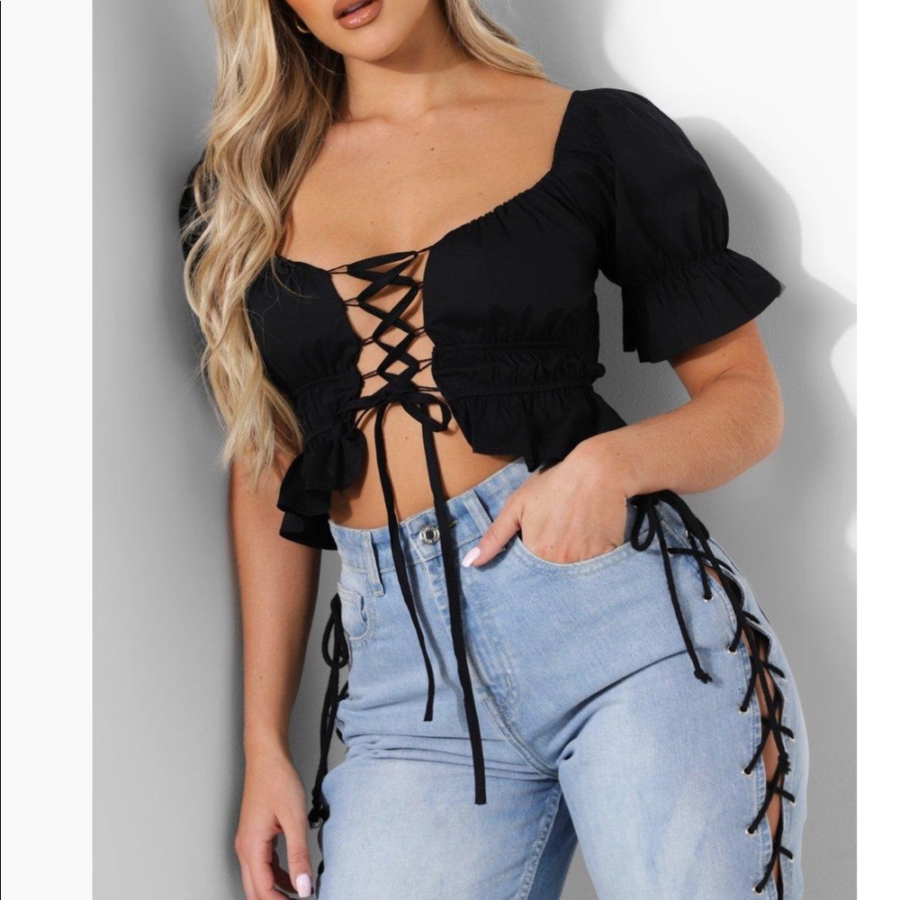 Milkmaid Tie Front Puff Sleeve Top